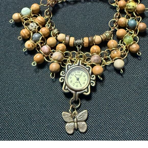 Handmade Boho Butterfly Watch Bracelet NEW Battery Wood & Stone Bead Cuff